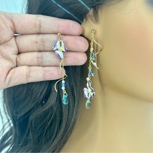 Blue Flower Asymmetrical Dangel Drop Earrings